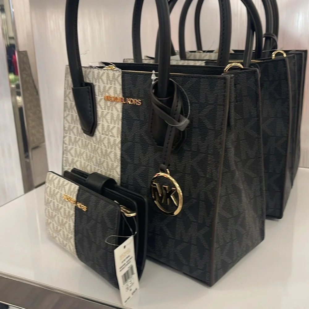 Michael Kors Mercer Medium Two-Tone Logo Messenger & MK JST Md Bifold Zip Wallet